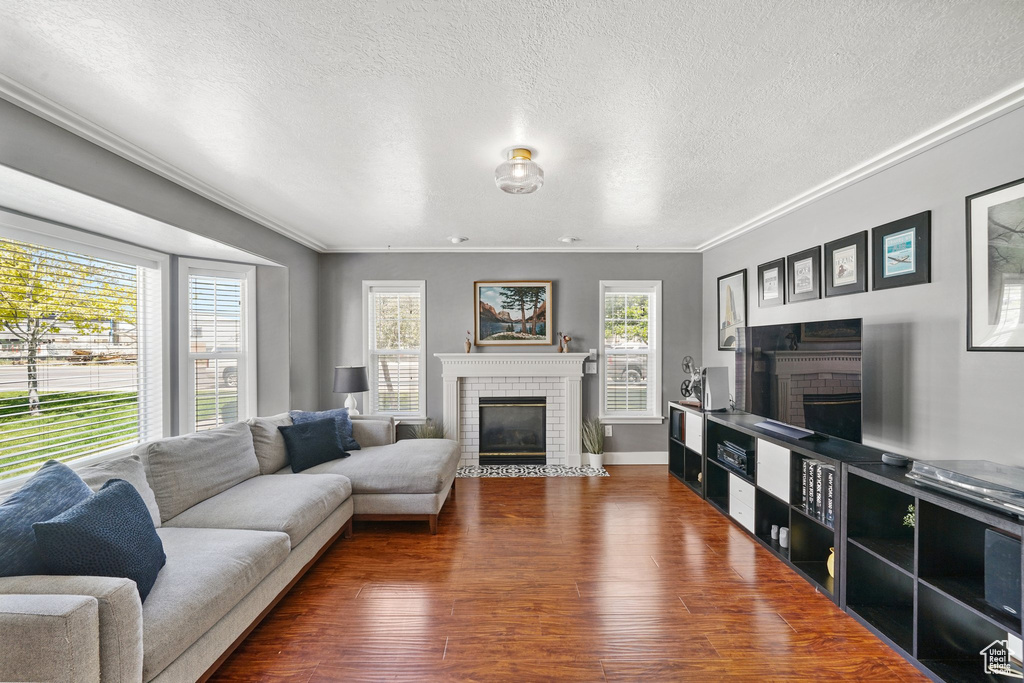Living area featuring a fireplace, crown molding, wood finished floors, and a textured ceiling