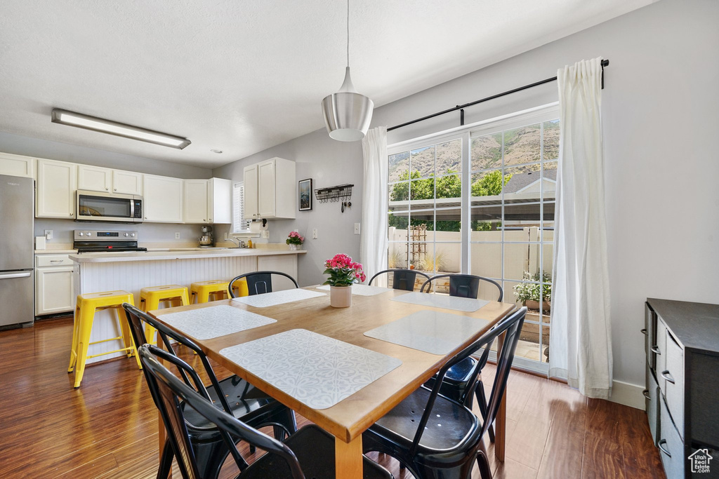 Dining room featuring dark wood-style flooring