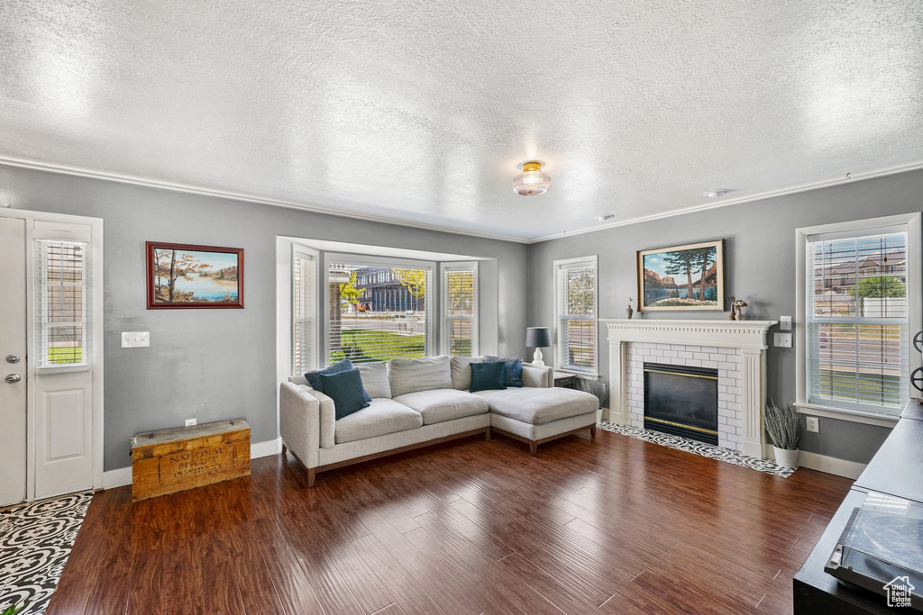 Living area with a textured ceiling, wood finished floors, a fireplace, healthy amount of natural light, and ornamental molding