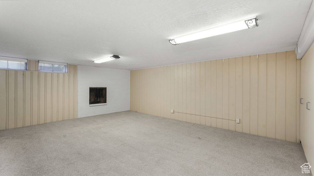 Basement featuring carpet, a fireplace, and wood walls