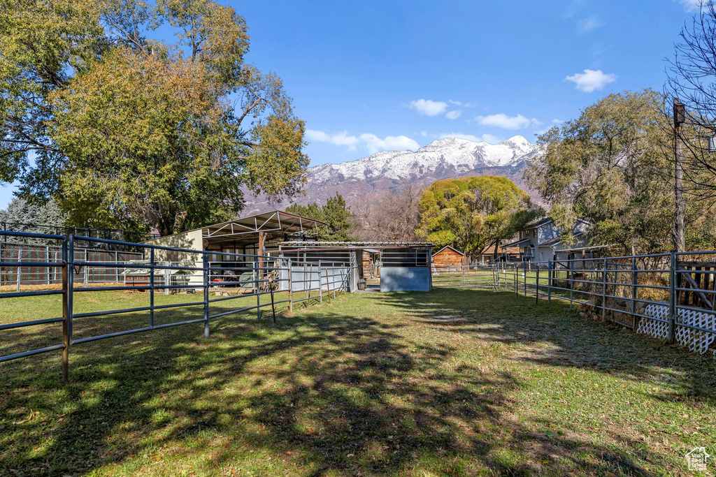 View of yard featuring an exterior structure, a mountain view, and an outbuilding