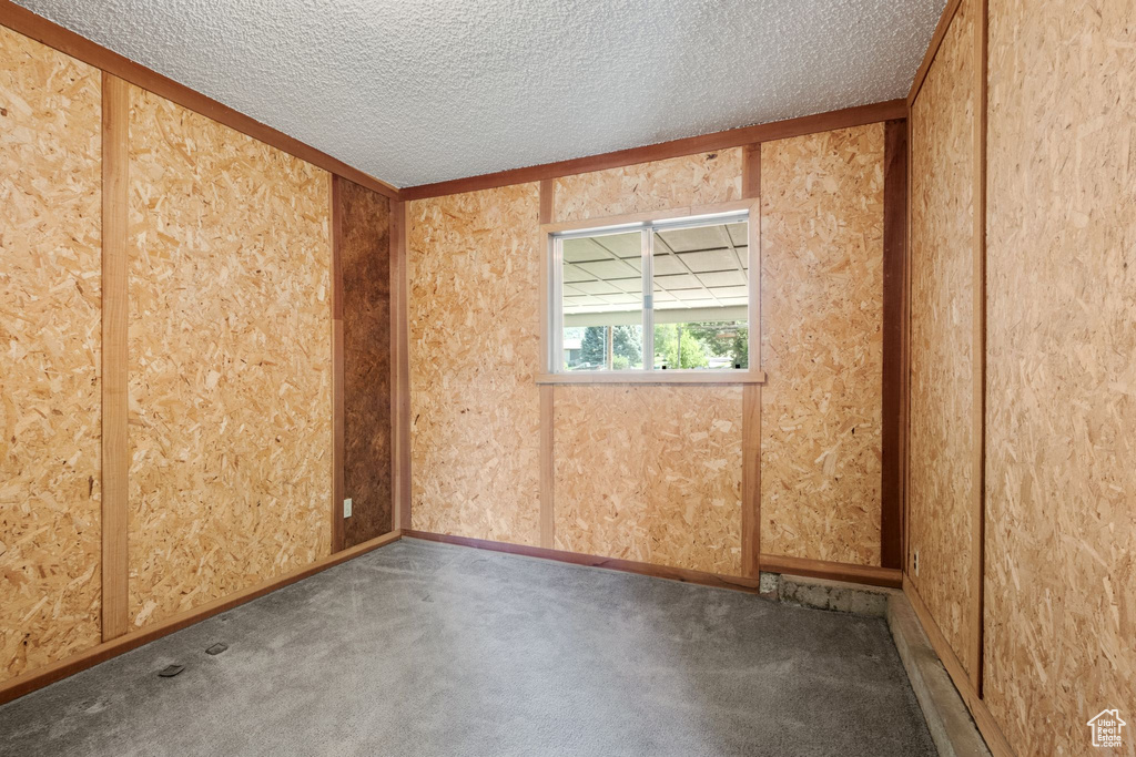 Carpeted spare room featuring a textured ceiling