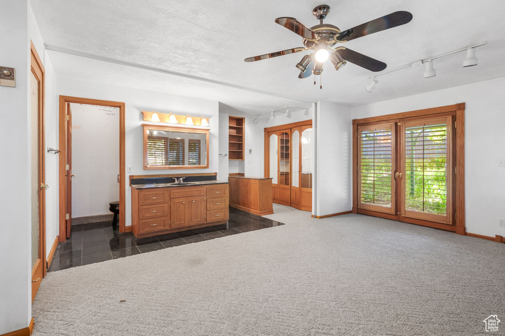Bathroom with vanity, track lighting, ceiling fan, and carpet