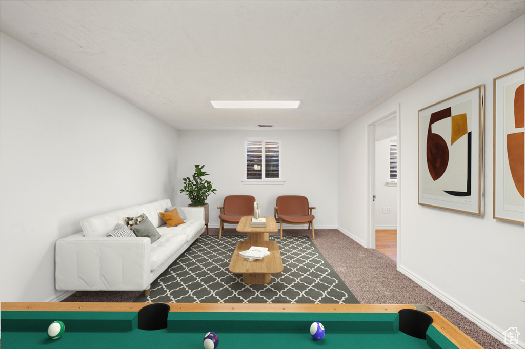 Living area featuring carpet floors and billiards