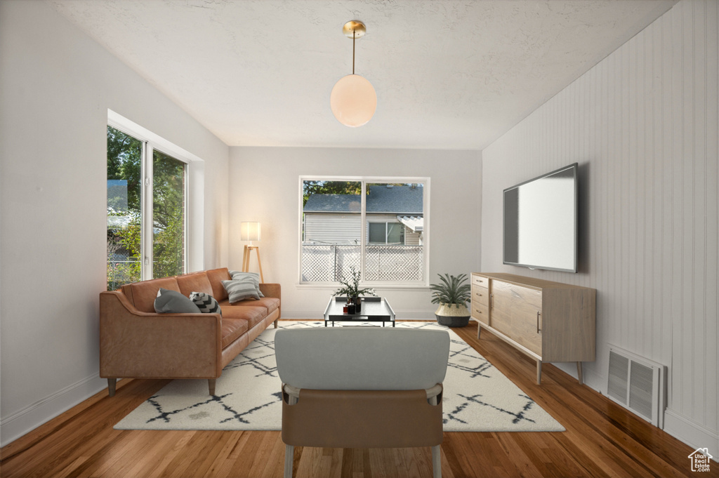 Living room featuring plenty of natural light and wood finished floors