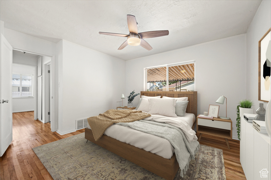 Bedroom featuring multiple windows, light wood-style floors, and a ceiling fan