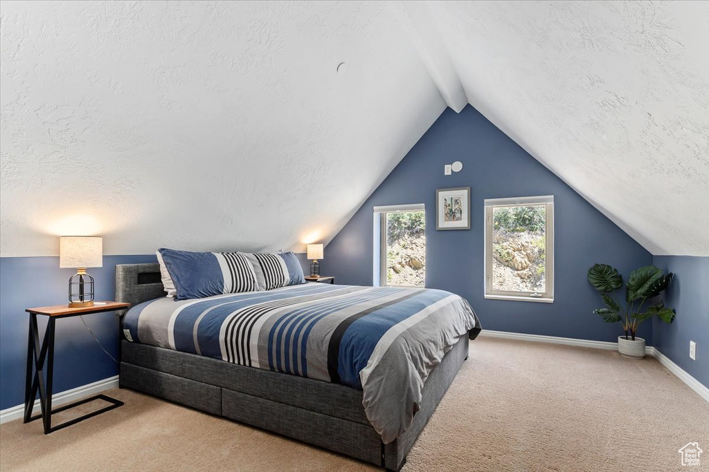 Bedroom featuring carpet floors, a textured ceiling, baseboards, and lofted ceiling