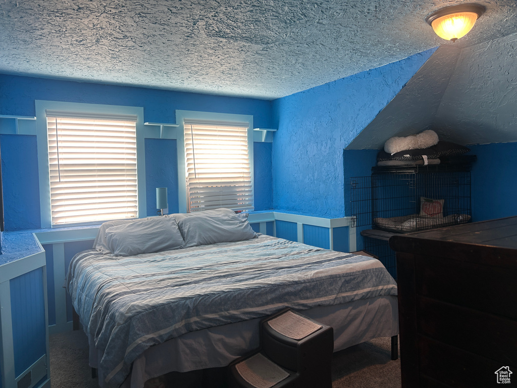 Bedroom featuring a textured ceiling, carpet, a textured wall, and wainscoting