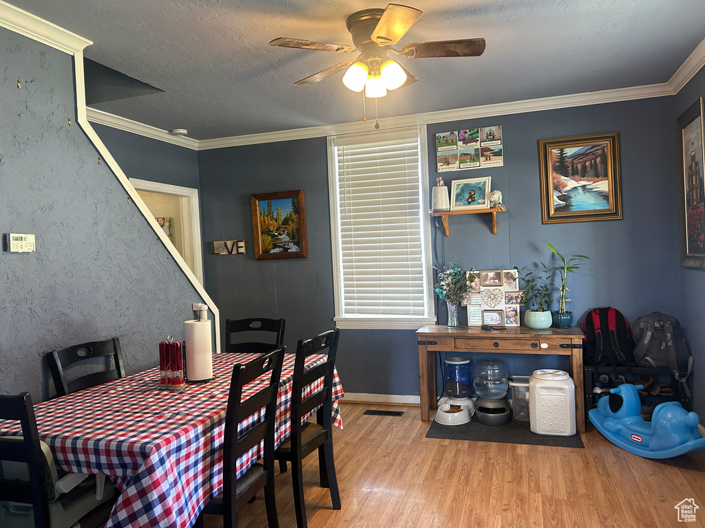 Dining area with a ceiling fan, wood finished floors, ornamental molding, and a textured ceiling