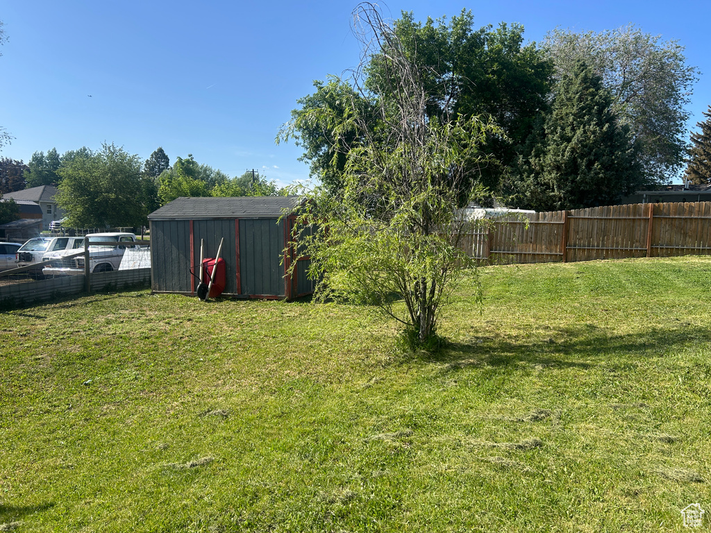 View of yard featuring a shed