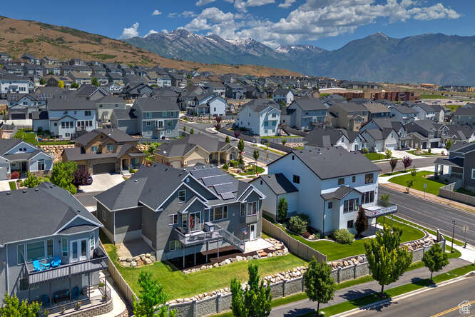 Aerial view of residential area with mountains