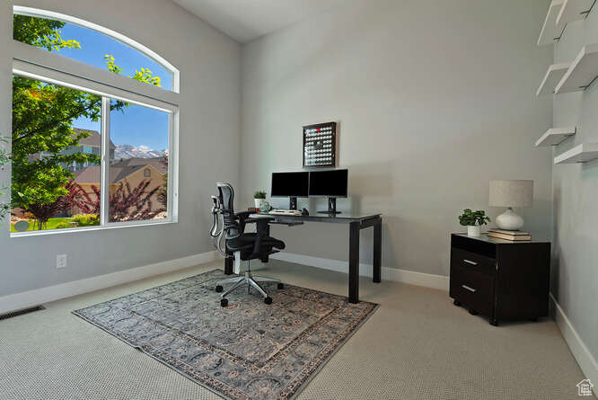 Home office featuring light colored carpet and baseboards