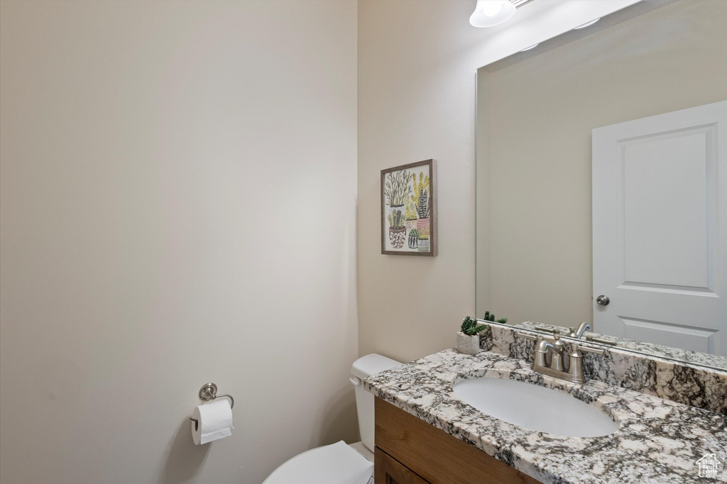 Half bath featuring toilet and vanity