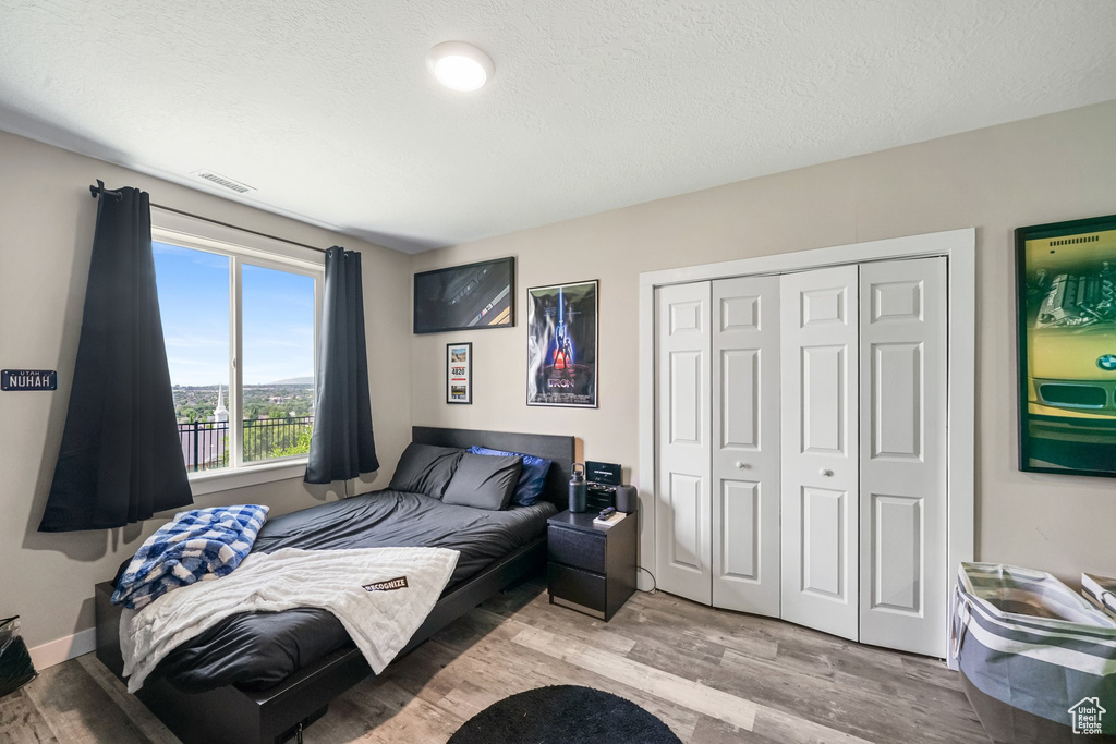 Bedroom with wood finished floors and a closet