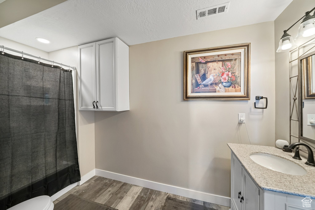 Full bathroom with wood finished floors, vanity, a shower with shower curtain, and a textured ceiling