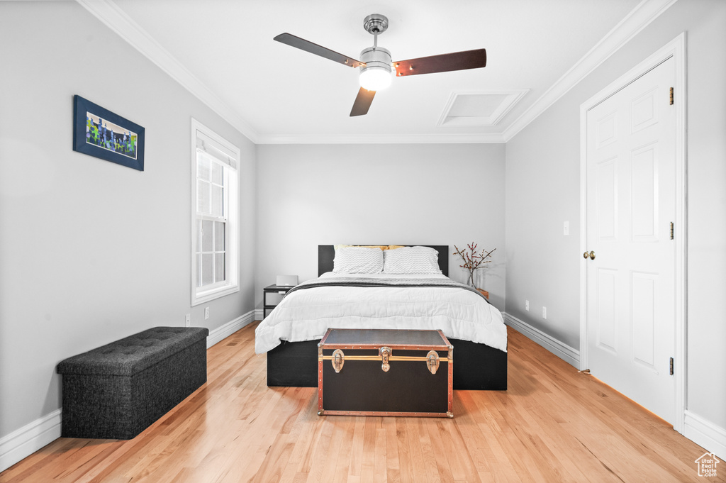 Bedroom featuring attic access, light wood-type flooring, crown molding, and a ceiling fan