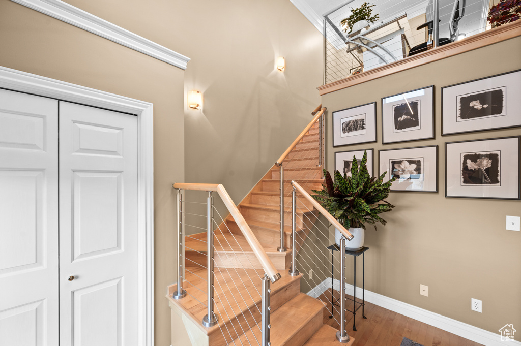 Staircase featuring baseboards and wood finished floors