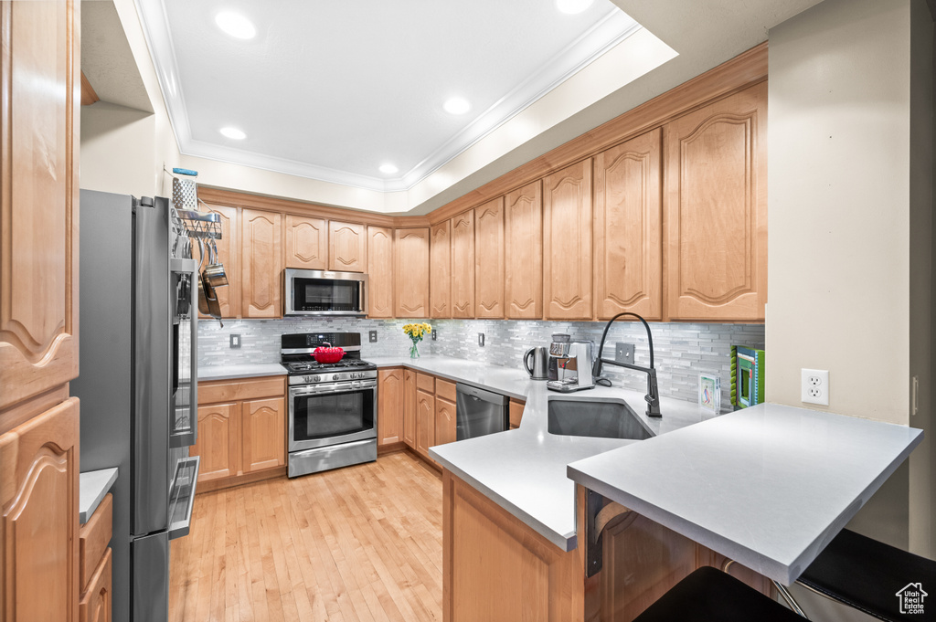 Kitchen with stainless steel appliances, a peninsula, crown molding, light wood-type flooring, and a kitchen bar
