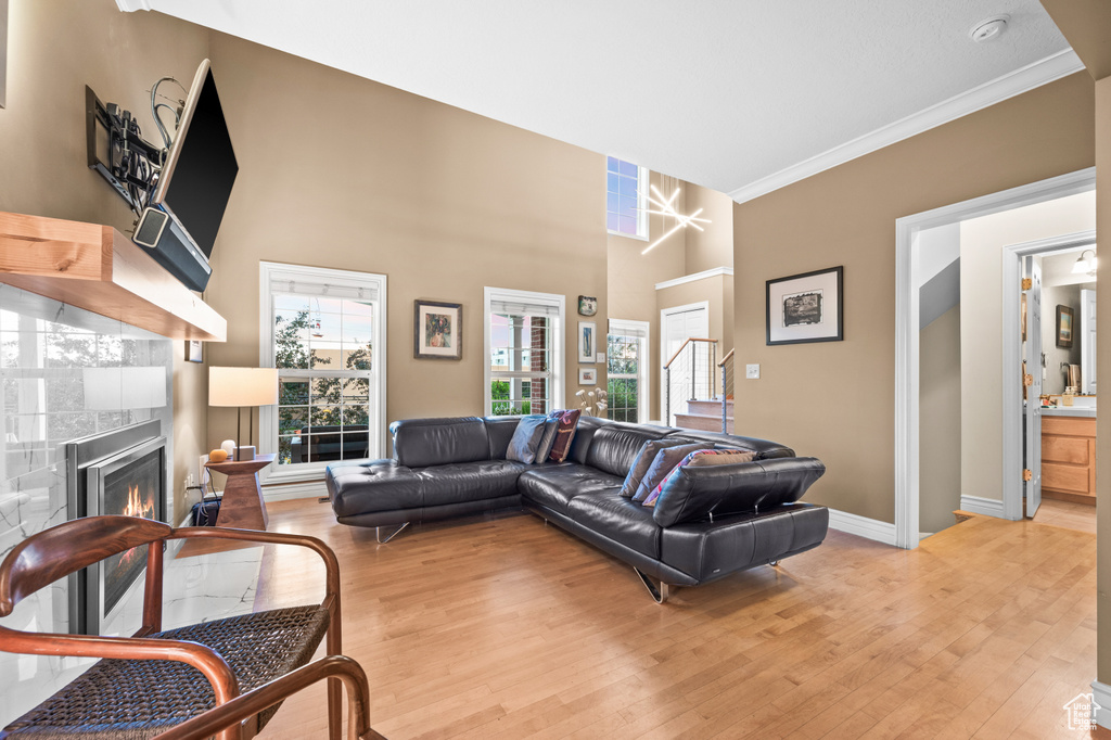 Living room featuring light wood-type flooring, a warm lit fireplace, and crown molding