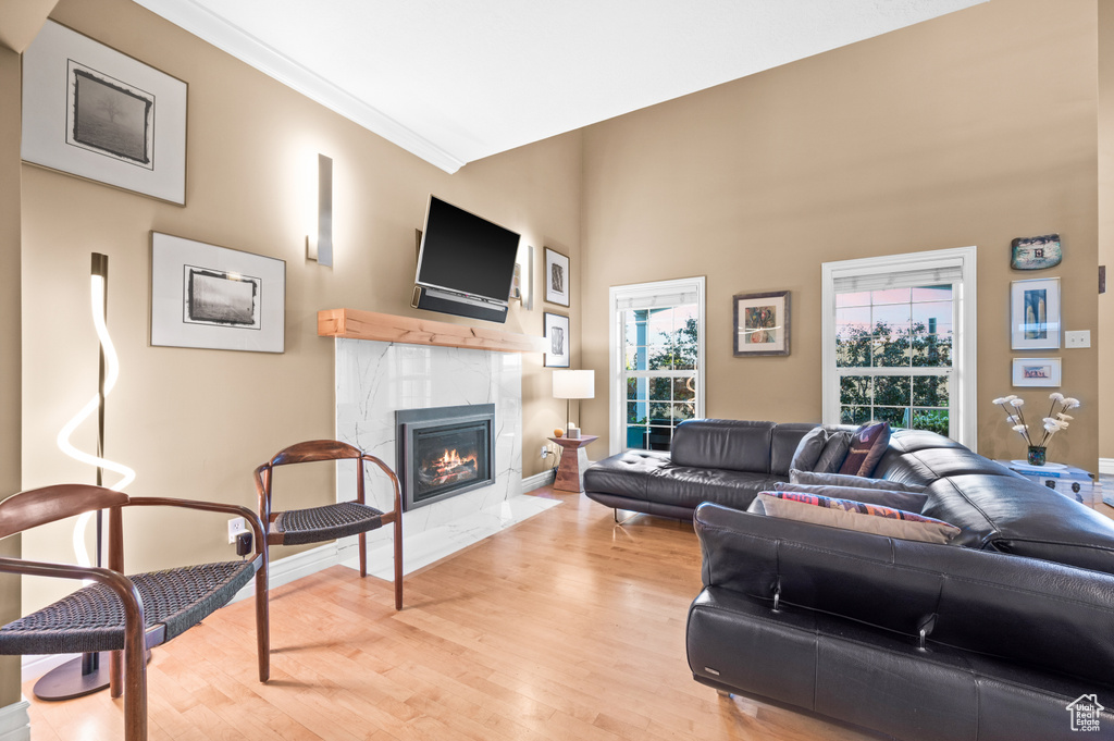 Living area featuring a high end fireplace, light wood-style floors, and ornamental molding
