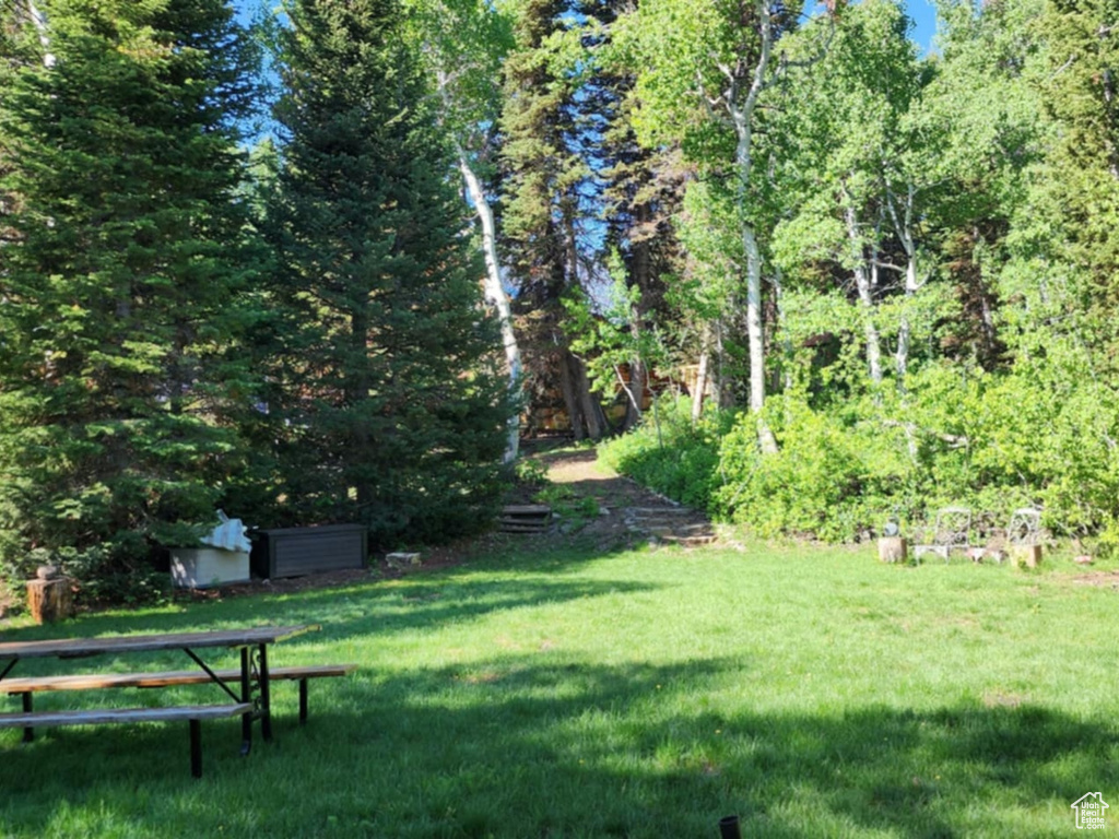 View of grassy yard with a wooded view