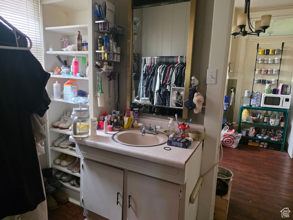 Bathroom with wood finished floors and vanity