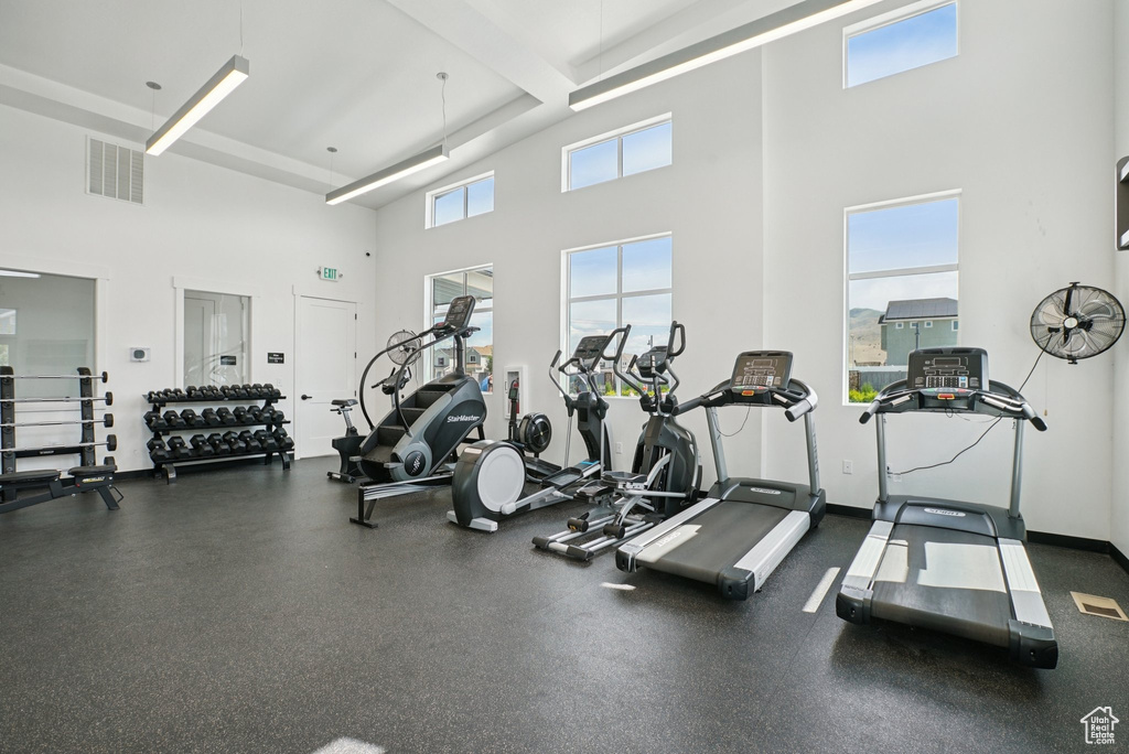 Gym featuring plenty of natural light and a high ceiling