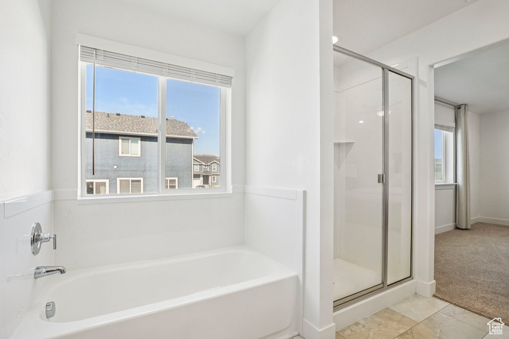 Full bathroom featuring a shower stall, a garden tub, and plenty of natural light