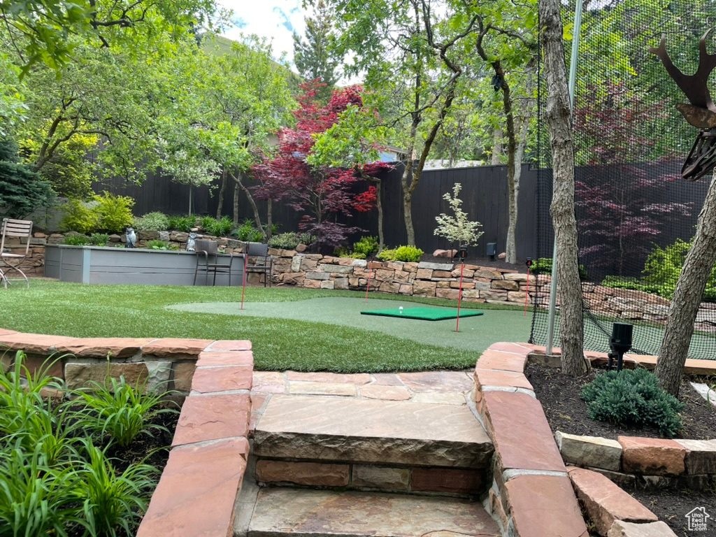 View of yard featuring a putting area