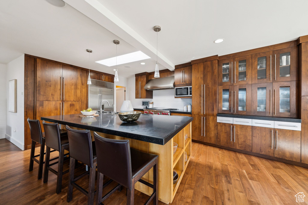 Kitchen featuring stainless steel appliances, a skylight, dark countertops, light wood-style flooring, and recessed lighting