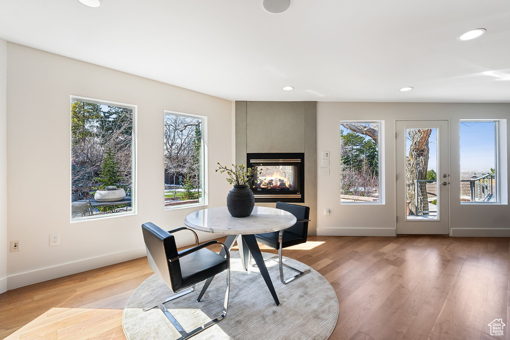 Office space featuring plenty of natural light, a multi sided fireplace, recessed lighting, and light wood-style floors