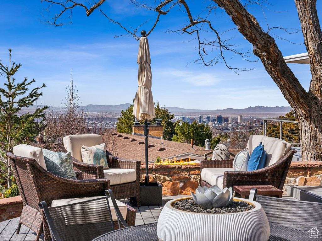 Patio / terrace with a mountain view