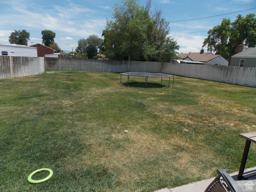 Fenced backyard with a trampoline