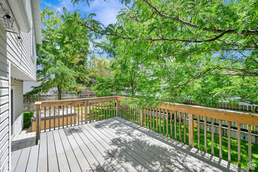 Wooden deck featuring a fenced backyard