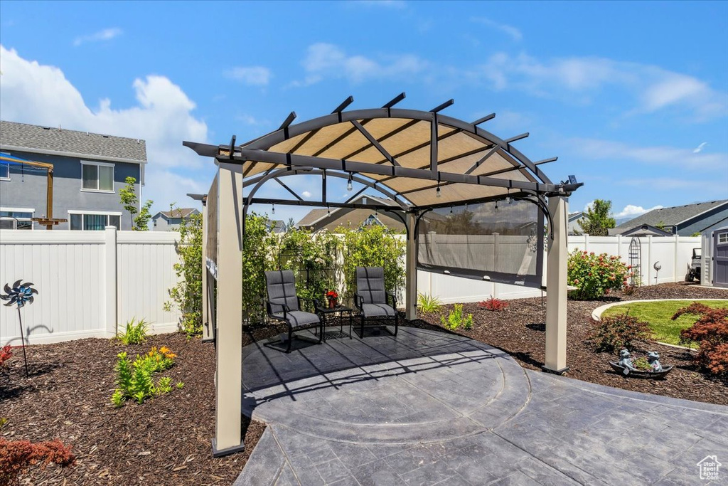 Fenced backyard featuring a pergola and a patio