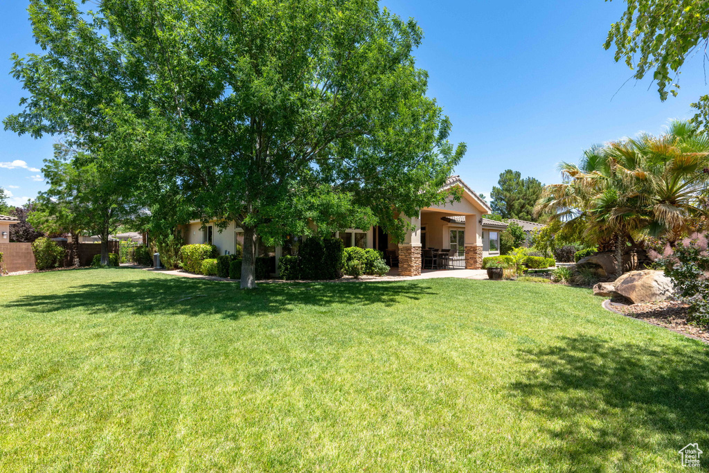 View of green lawn with ceiling fan