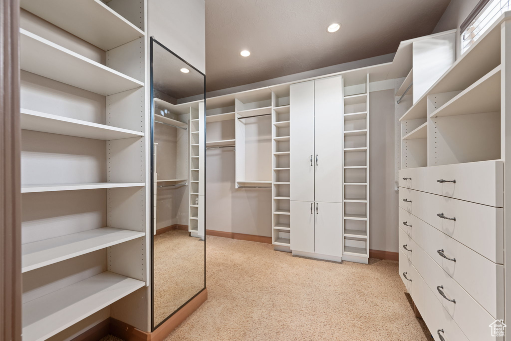 Spacious closet featuring light colored carpet