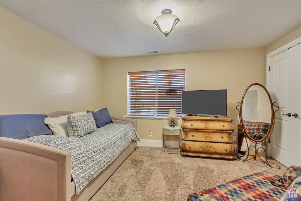 Bedroom with carpet floors and a textured ceiling