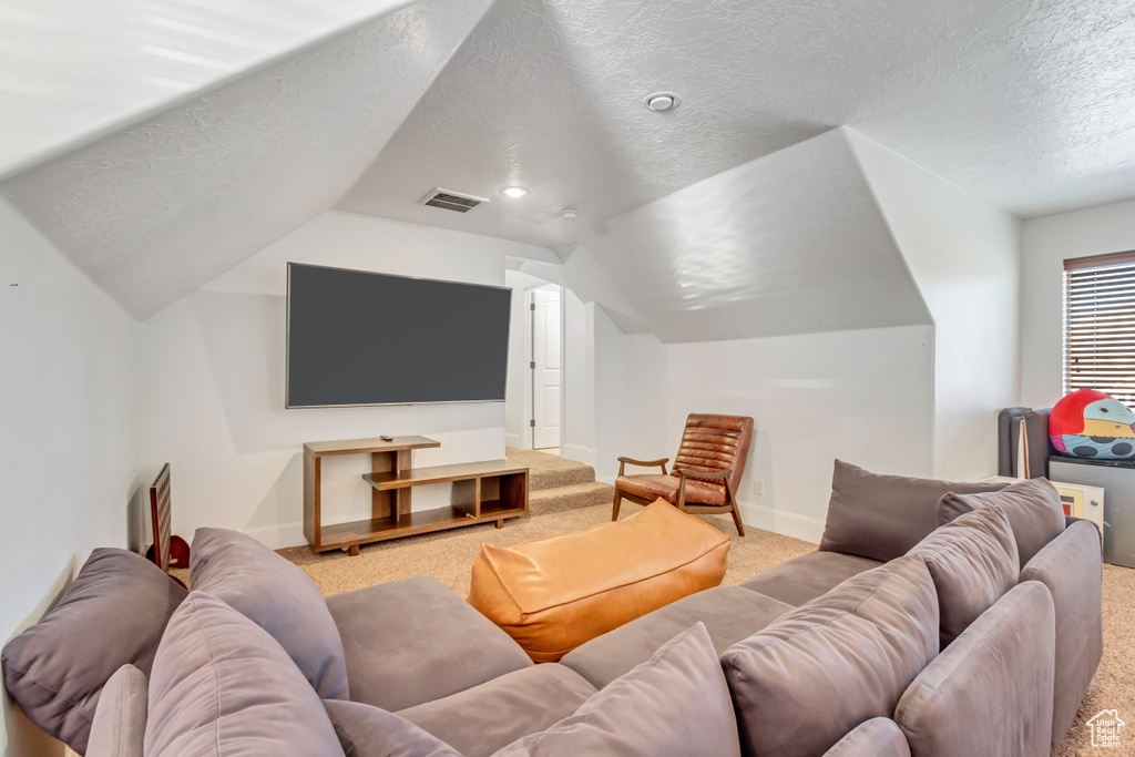 Cinema room with carpet floors, a textured ceiling, and lofted ceiling