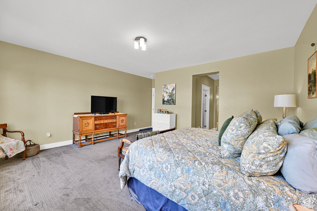 Carpeted bedroom featuring baseboards