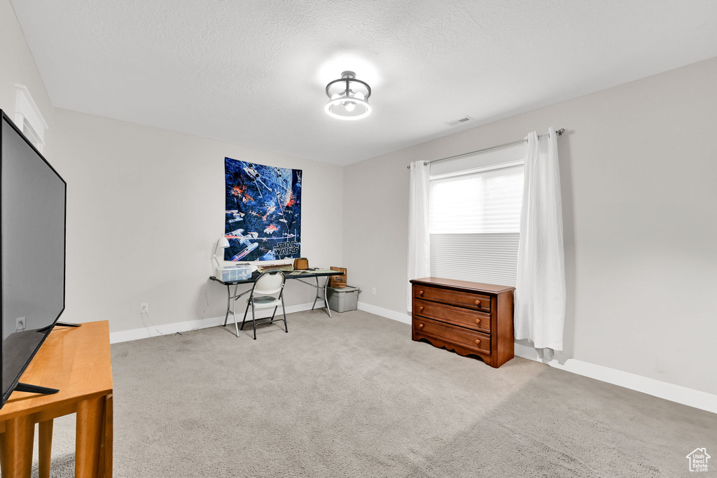 Carpeted office space with baseboards and a textured ceiling