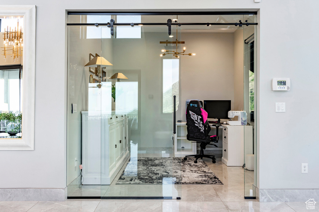 Office with a chandelier
