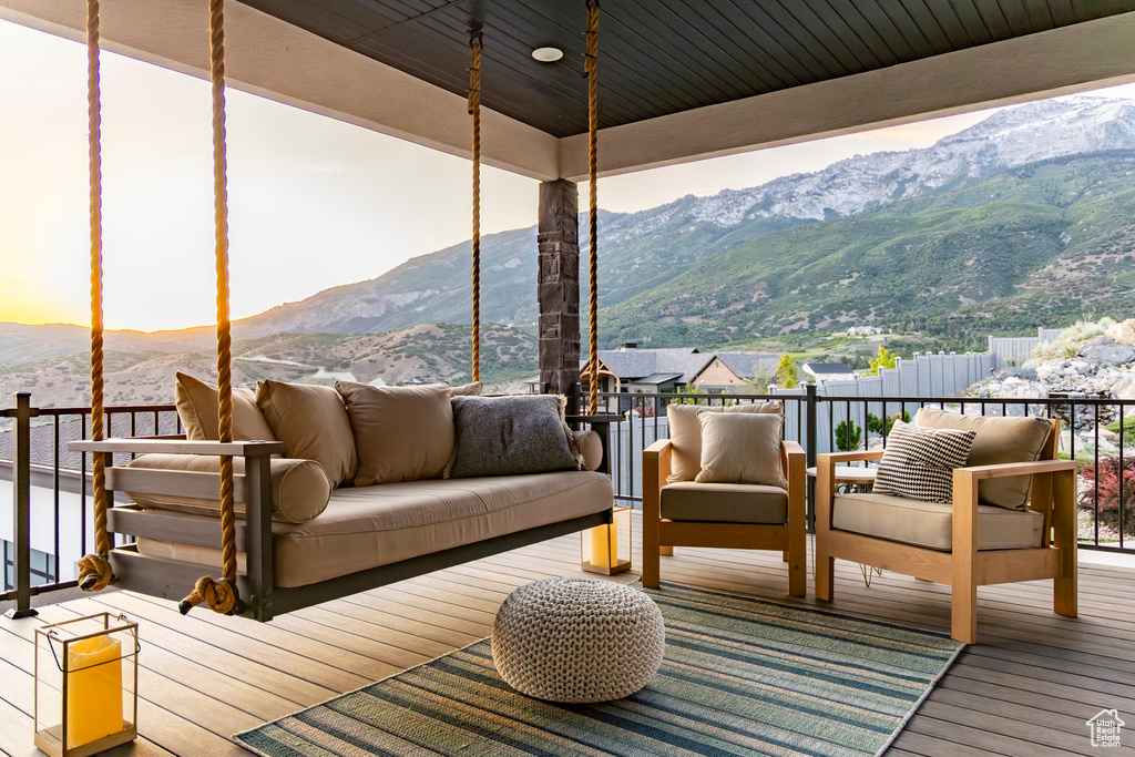 Deck featuring outdoor lounge area and a mountain view
