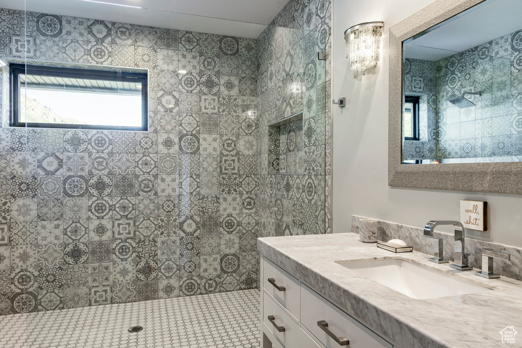 Bathroom with vanity and walk in shower