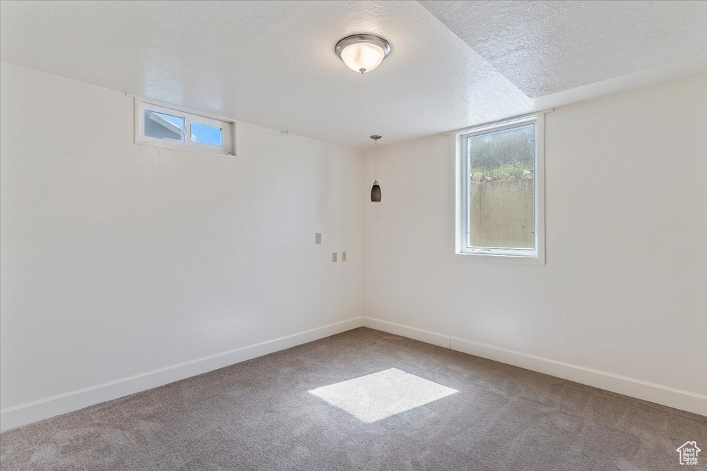 Unfurnished room with carpet and a textured ceiling