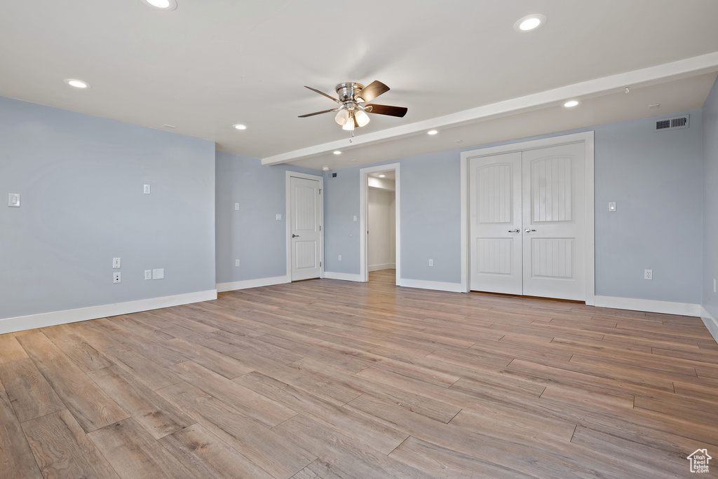 Unfurnished bedroom with recessed lighting, light wood-type flooring, and a ceiling fan