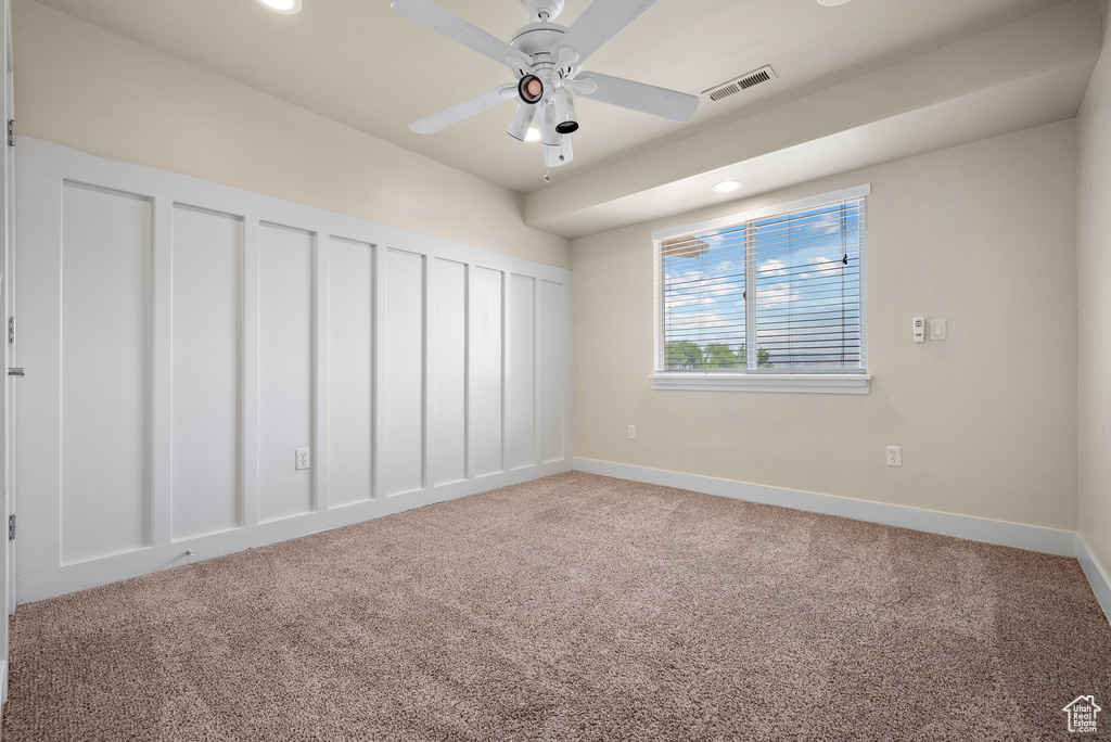 Unfurnished bedroom with carpet flooring, recessed lighting, and ceiling fan