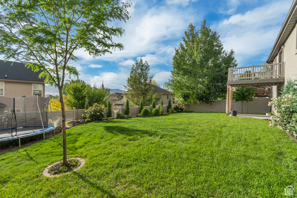 Fenced backyard featuring a trampoline