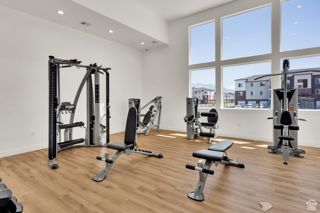 Workout area featuring wood finished floors and recessed lighting