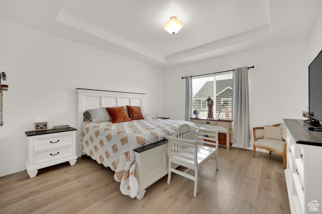Bedroom with a tray ceiling and light wood-type flooring